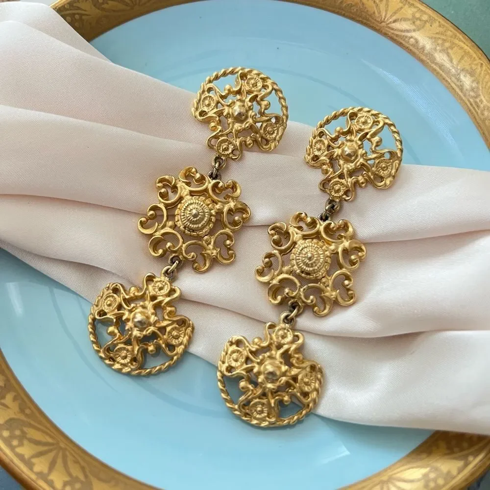 Vintage Gold Ornate Filagree Drop Statement Earrings